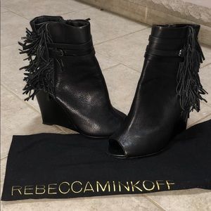 REBECCA MINKOFF black leather fringe wedges